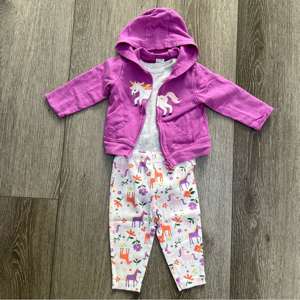 CARTERS 3PC ZIP UP SWEATSHIRT BODYSUIT AND PANTS OUTFIT 9MO